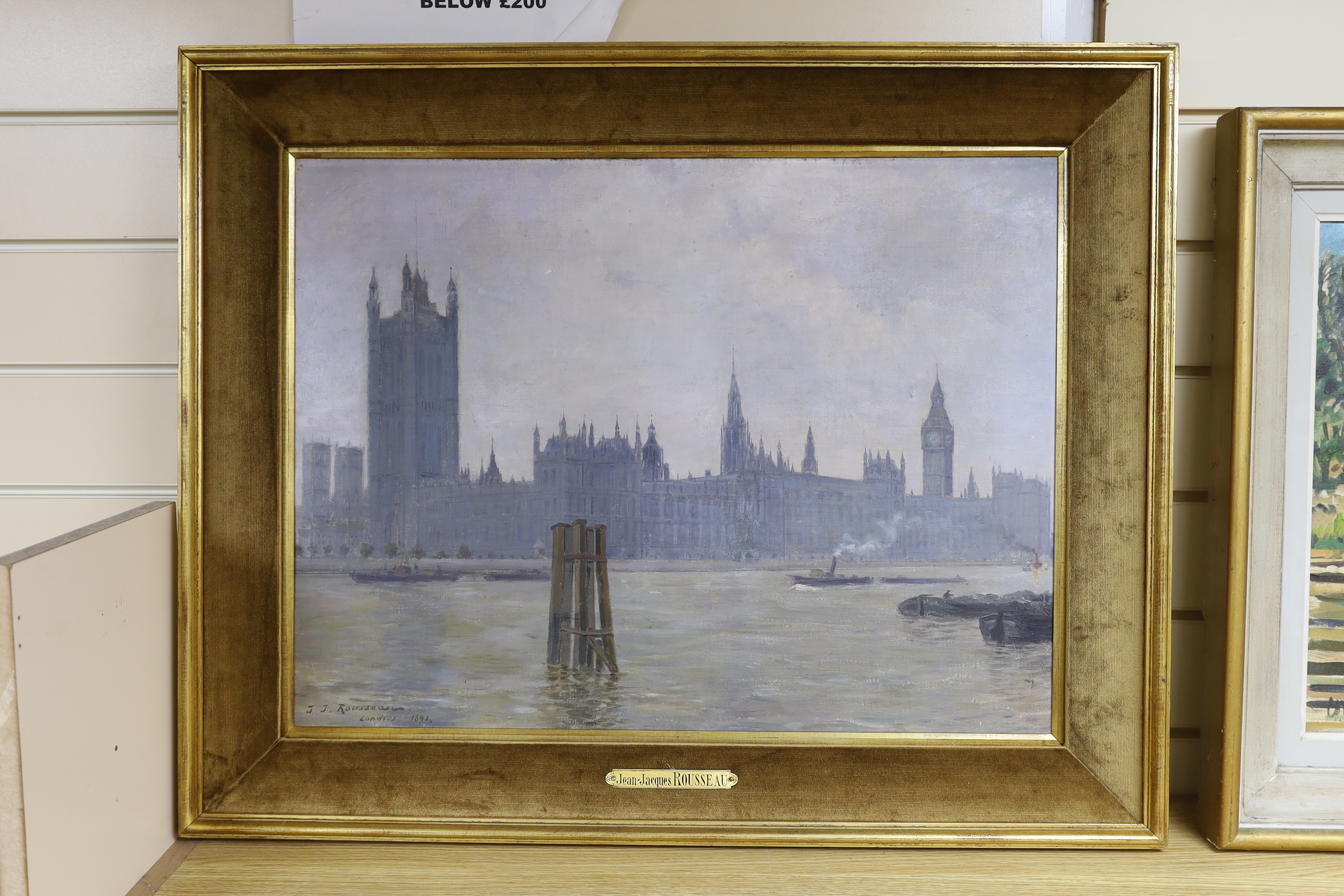 Jean-Jacques Rousseau (French, 1861-1911), oil on canvas, ‘Londres 1891’, The Houses of Parliament from The Thames, signed and dated lower left 1891, 44 x 59cm, applied plaque to the frame